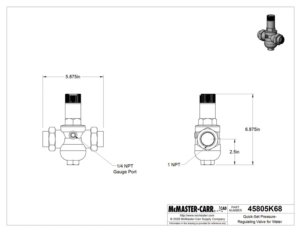 Technical Drawing of Quick-Set Pressure-Regulating Valve for Water, Brass Body, 1 NPT Female Inlet x Outlet.